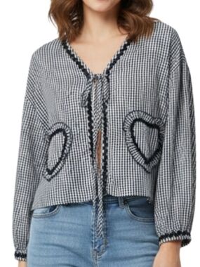 Black & White Gingham Tie-Front Top with Heart Pockets